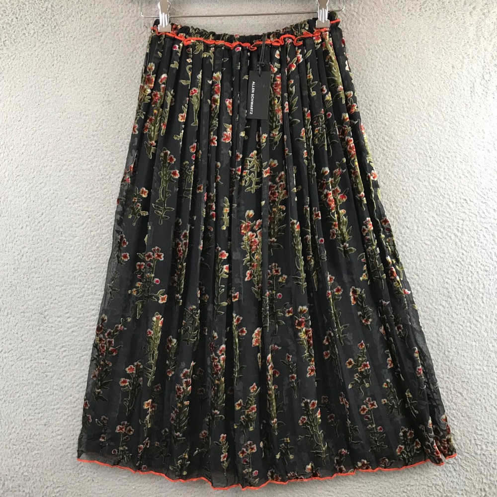 New ALLEN SCHWARTZ Black Floral Velvet Burnout Pleated Maxi Skirt XS